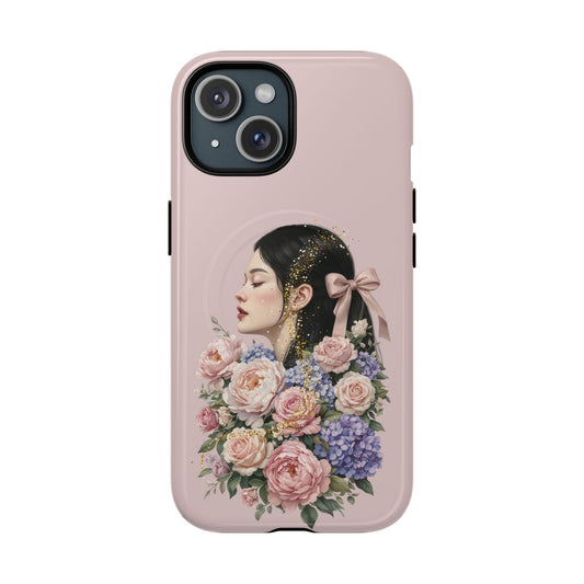 Coque magnétique renforcée Floral Portrait — Housse de téléphone fille rose gold