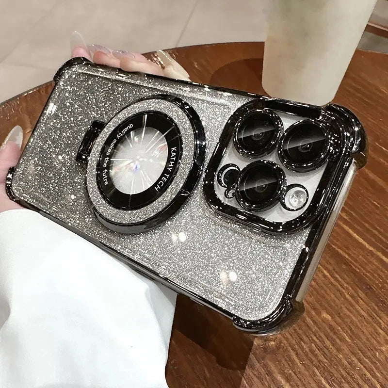 Luxury Glitter MagSafe Case for iPhone 11–17 Series | Plated Lens Protection Magnetic Holder Cover
