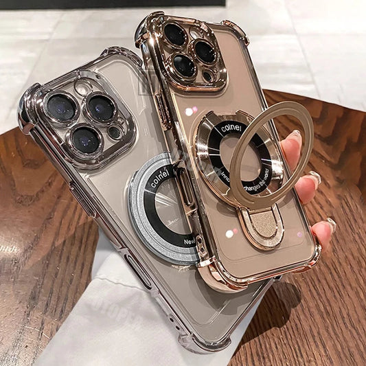 Luxury Plating Shockproof Magnetic Case for iPhone 11–17 Series | MagSafe Compatible with Bracket Stand