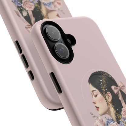 Coque magnétique renforcée Floral Portrait — Housse de téléphone fille rose gold