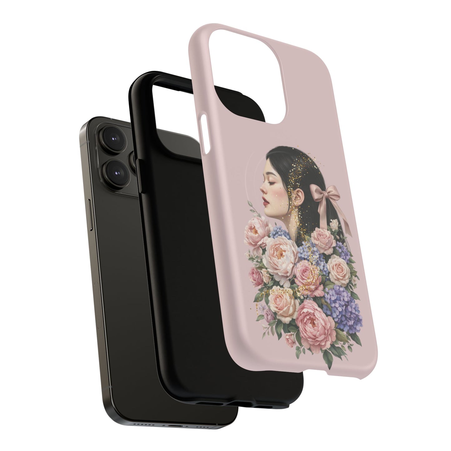 Coque magnétique renforcée Floral Portrait — Housse de téléphone fille rose gold