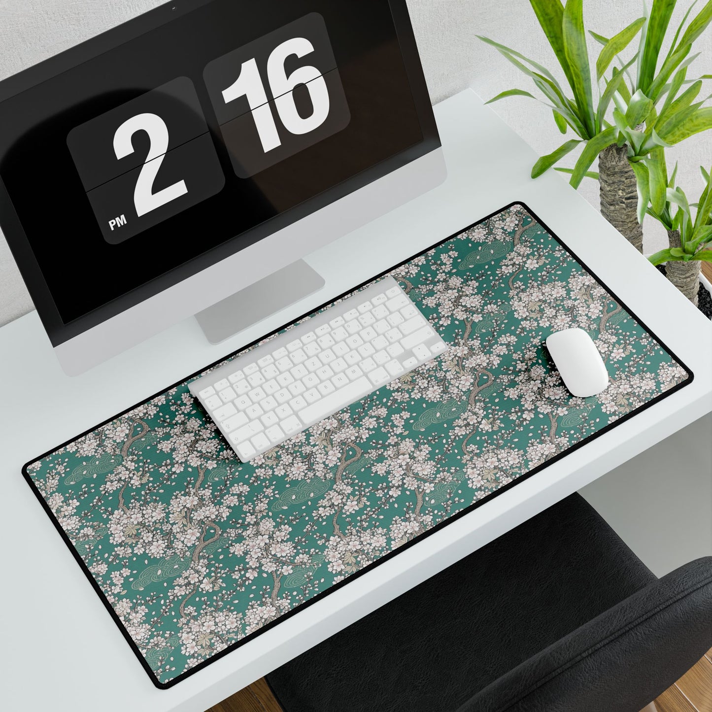 Cherry Blossom Desk Mat — Teal Floral Extended Mouse Pad