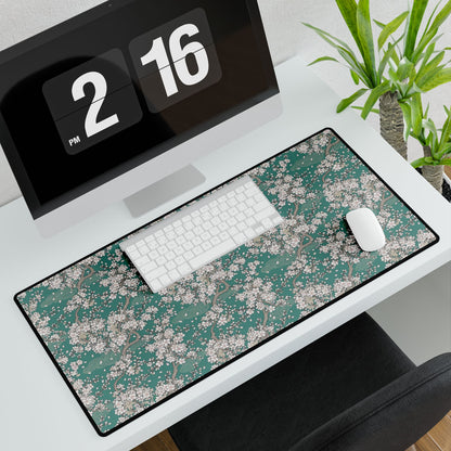 Cherry Blossom Desk Mat — Teal Floral Extended Mouse Pad