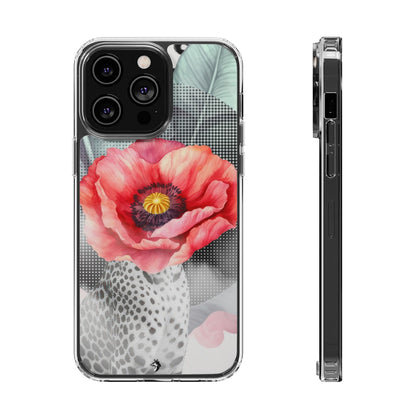 Coque de téléphone magnétique transparente — Art floral coquelicot & léopard