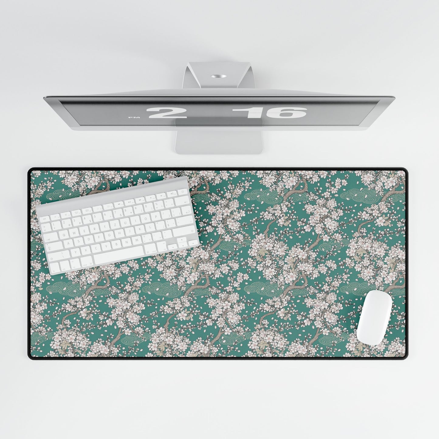 Cherry Blossom Desk Mat — Teal Floral Extended Mouse Pad