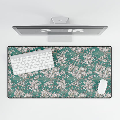 Cherry Blossom Desk Mat — Teal Floral Extended Mouse Pad