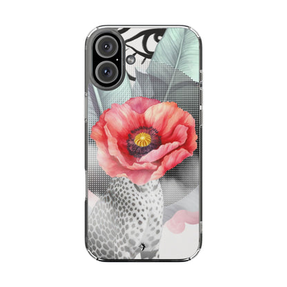 Coque de téléphone magnétique transparente — Art floral coquelicot & léopard