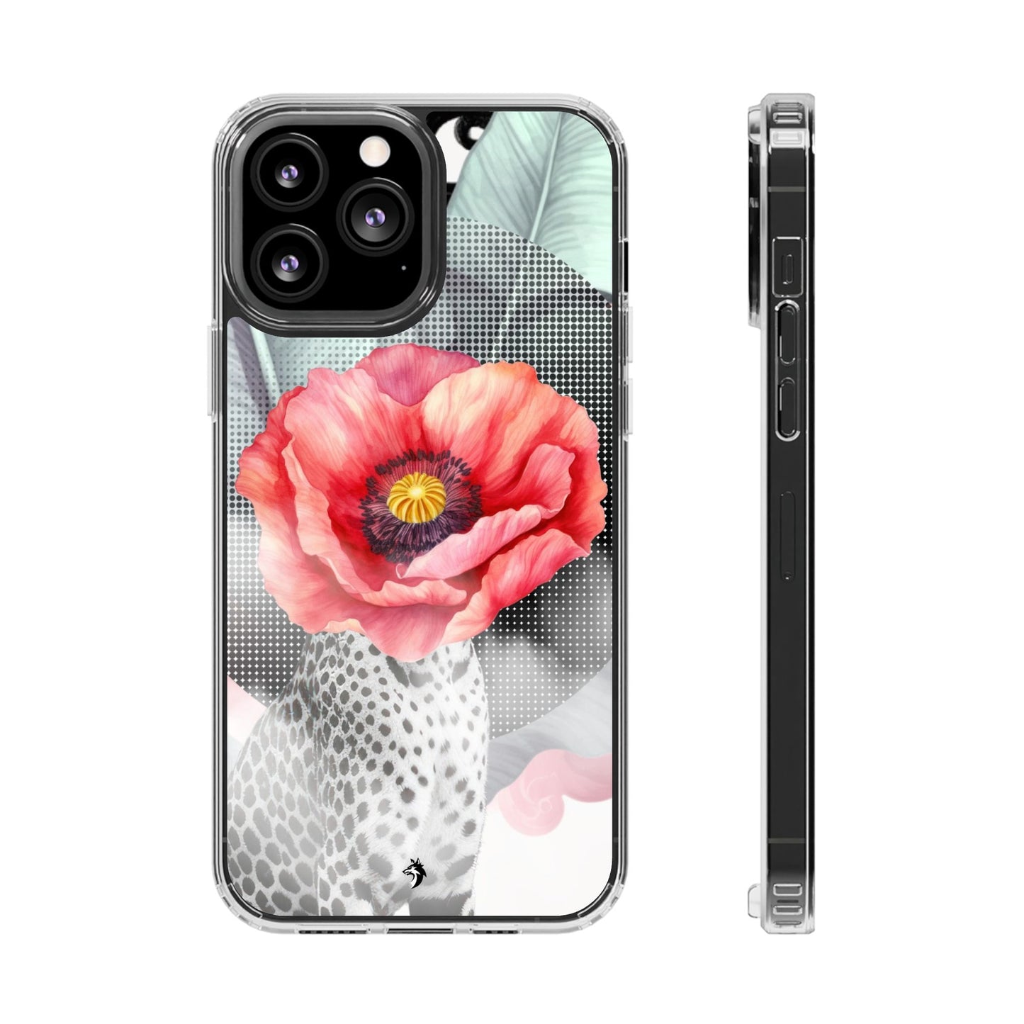 Coque de téléphone magnétique transparente — Art floral coquelicot & léopard