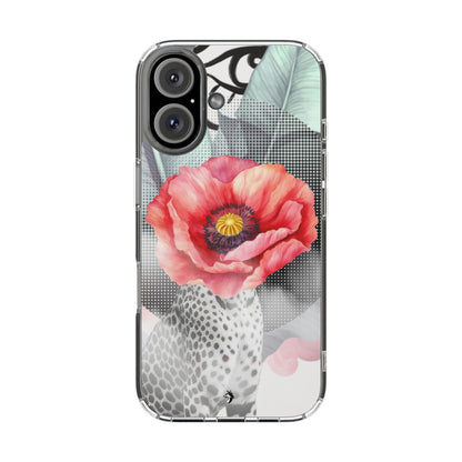 Coque de téléphone magnétique transparente — Art floral coquelicot & léopard