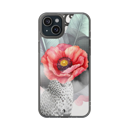 Coque de téléphone magnétique transparente — Art floral coquelicot & léopard
