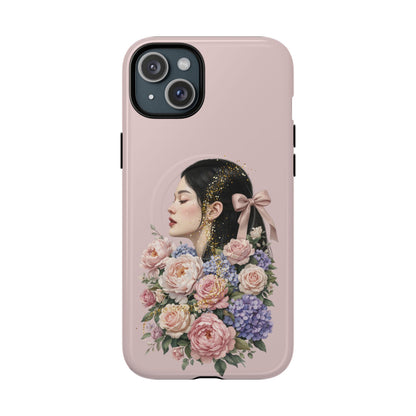 Coque magnétique renforcée Floral Portrait — Housse de téléphone fille rose gold