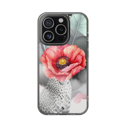 Coque de téléphone magnétique transparente — Art floral coquelicot & léopard