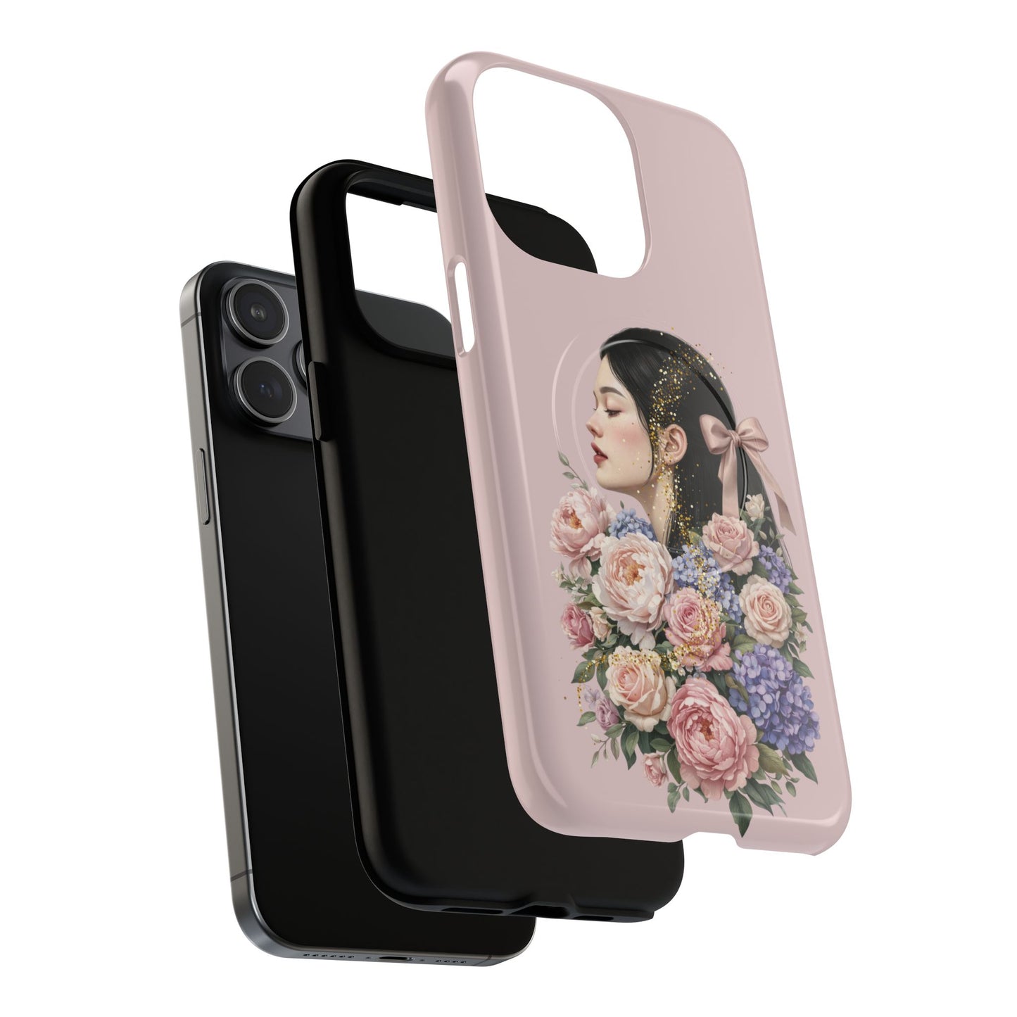 Coque magnétique renforcée Floral Portrait — Housse de téléphone fille rose gold