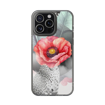 Coque de téléphone magnétique transparente — Art floral coquelicot & léopard