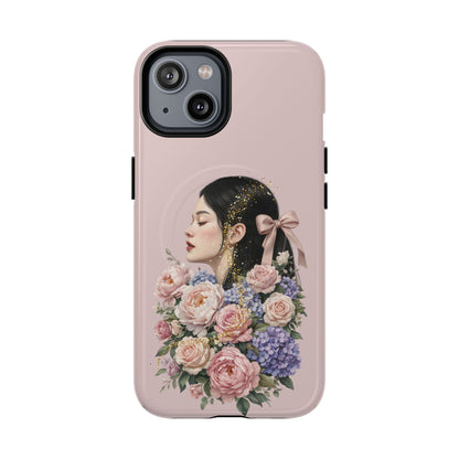 Coque magnétique renforcée Floral Portrait — Housse de téléphone fille rose gold