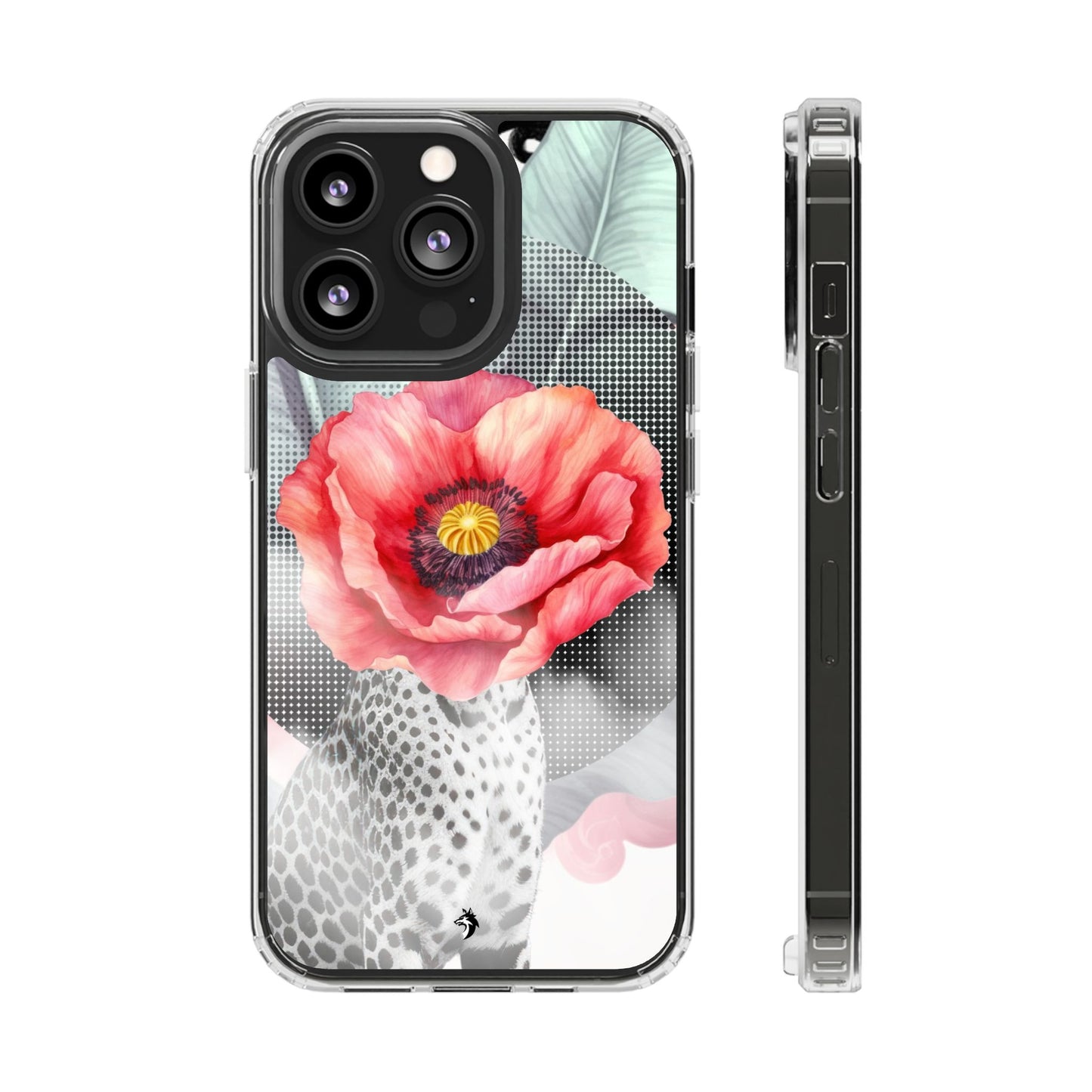 Coque de téléphone magnétique transparente — Art floral coquelicot & léopard