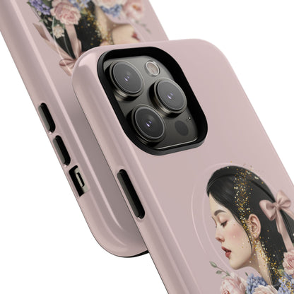Coque magnétique renforcée Floral Portrait — Housse de téléphone fille rose gold