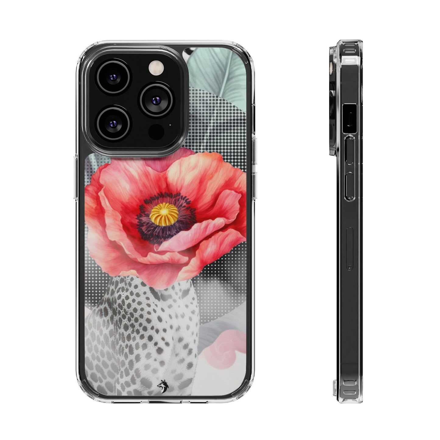 Coque de téléphone magnétique transparente — Art floral coquelicot & léopard