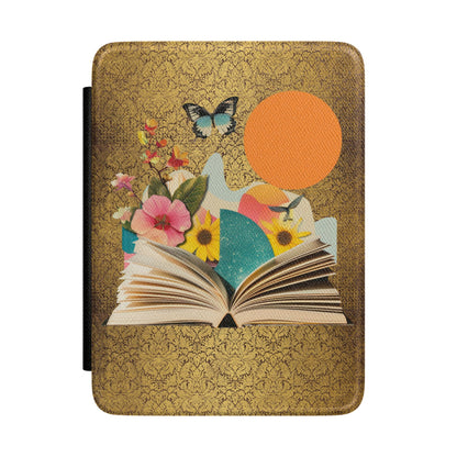 Étui Kindle Art Floral Vintage — Couverture Protectrice Papillon & Lecteur au Soleil