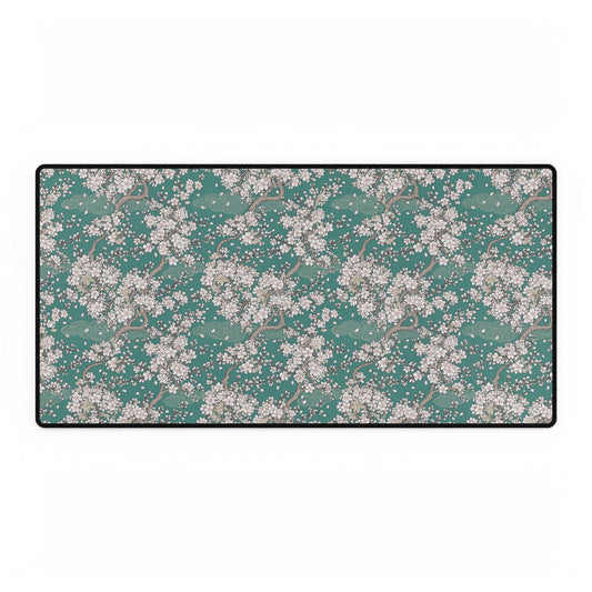 Cherry Blossom Desk Mat — Teal Floral Extended Mouse Pad