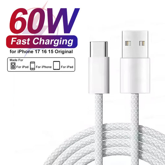 60W Braided USB-C Fast Charging Cable for iPhone 15–17 Series | USB-A to USB-C Data & Charge Cable