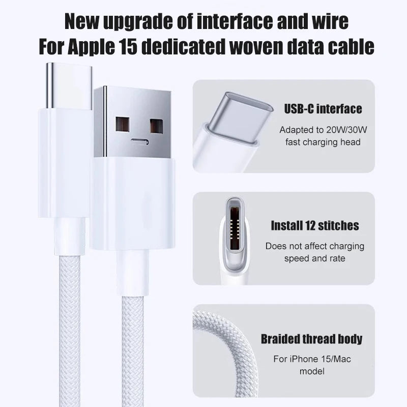 60W Braided USB-C Fast Charging Cable for iPhone 15–17 Series | USB-A to USB-C Data & Charge Cable