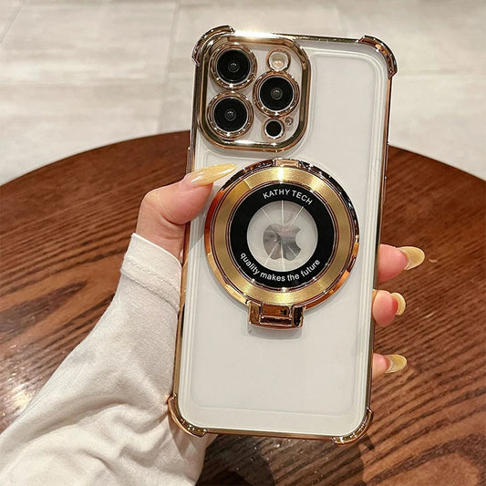 Premium Clear Magnetic TPU Case for iPhone 11–17 Series | Plated Ring Stand Cover