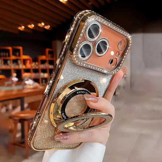Diamond Glitter Plated Magnetic Case for iPhone 13–17 Series | Clear Lens Protection Bracket Cover