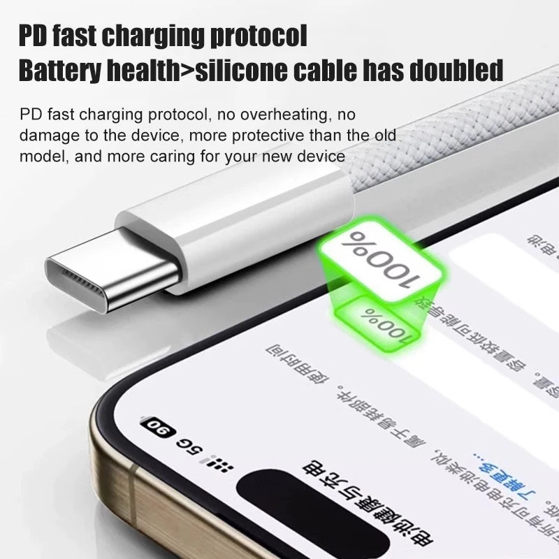 60W Braided USB-C Fast Charging Cable for iPhone 15–17 Series | USB-A to USB-C Data & Charge Cable